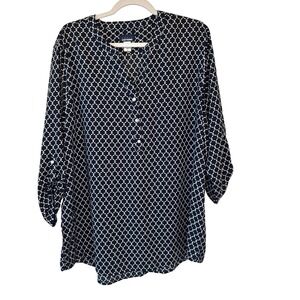 Basic Editions Size XXL Navy White Link Print Tunic Blouse Office Casual